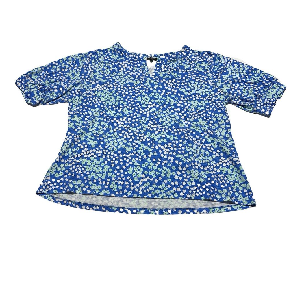 Talbots Women’s Tee Size 1X Top Blue Floral Print Short Sleeve Puff Cotton Blend